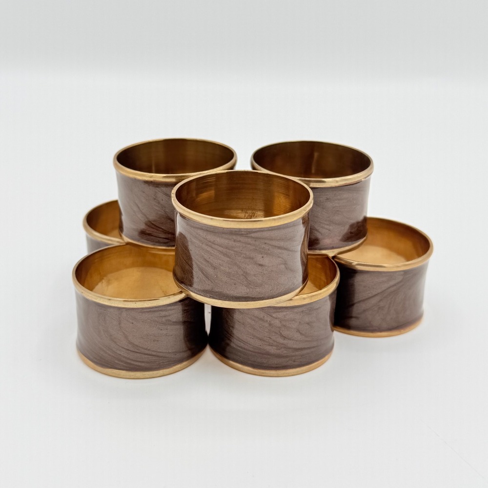 Vintage Brass & Marbled Enamel Napkin Rings Set of 8 Taupe Brown